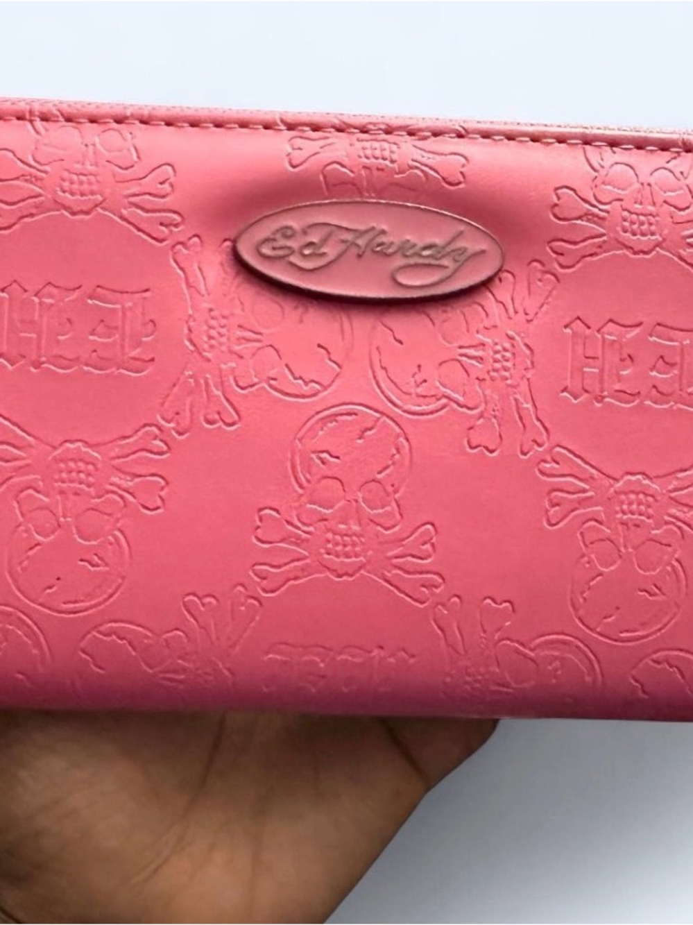 Ed Hardy Coral Pink Embossed Skull Zip Wallet